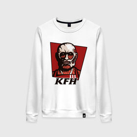 Женский свитшот хлопок с принтом KFH - Kentucky Fried Human в городе Новоалтайск, 100% хлопок | прямой крой, круглый вырез, на манжетах и по низу широкая трикотажная резинка  | anime | attack | fried | human | kentucky | kfh | kyojin | manga | no | of | on | shingeki | titan | titans | аниме | армин | атака | бертольд | колосс | колоссальный | манга | микаса | райнер | титан | титанов | титаны | человек | энни