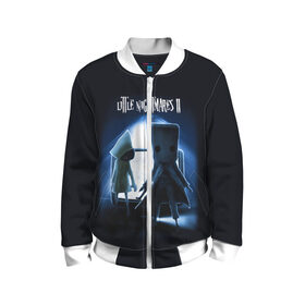 Детский бомбер 3D с принтом Моно и Шестая в городе Новоалтайск, 100% полиэстер | застегивается на молнию, по бокам два кармана без застежек, мягкие манжеты, по низу бомбера и на воротнике — эластичная резинка | Тематика изображения на принте: little nightmares | little nightmares 2 | игра | литл нигмарес | литл нигмарес 2 | литл нигхтмарес | литл нигхтмарес 2 | моно | ужас | хоррор | шестая