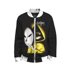 Детский бомбер 3D с принтом Little Nightmares 2 MASK в городе Новоалтайск, 100% полиэстер | застегивается на молнию, по бокам два кармана без застежек, мягкие манжеты, по низу бомбера и на воротнике — эластичная резинка | Тематика изображения на принте: little nightmares | little nightmares 2 | mask | игра | литл нигмарес | литл нигмарес 2 | литл нигхтмарес | литл нигхтмарес 2 | маска | ужас | хоррор | шестая