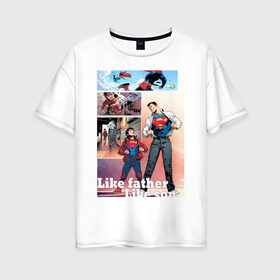 Женская футболка хлопок Oversize с принтом SUPERMAN & SUPERBOY в городе Новоалтайск, 100% хлопок | свободный крой, круглый ворот, спущенный рукав, длина до линии бедер
 | clark kent | dc | dc comics | john kent | metropolys | smallwille | superboy | superhero | superman | supermen | superson | джон кент | диси | диси комиксы | кларк кент | метрополис | смолвиль | супербой | супермен | суперсын