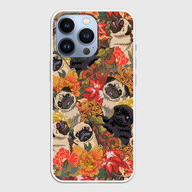 Чехол для iPhone 13 Pro с принтом Мопсики | Цветочки в городе Новоалтайск,  |  | Тематика изображения на принте: love | арт | день валентина | день святого | день святого валентина | любовь | много собак | мопс | мопсы | порода | породистые | породистые собаки | породы собак | собака | собаки