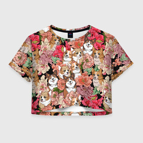 Женская футболка Crop-top 3D с принтом Корги & Цветы в городе Новоалтайск, 100% полиэстер | круглая горловина, длина футболки до линии талии, рукава с отворотами | глаза | животное | корги | королевский | красавчик | лапы | любовь | няшка | ошейник | пес | роза | розы | сердце | собака | собаки | счастье | уши | цветочки | цветы