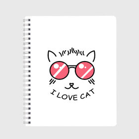 Тетрадь с принтом I Love cat (я люблю котов) в городе Новоалтайск, 100% бумага | 48 листов, плотность листов — 60 г/м2, плотность картонной обложки — 250 г/м2. Листы скреплены сбоку удобной пружинной спиралью. Уголки страниц и обложки скругленные. Цвет линий — светло-серый
 | Тематика изображения на принте: 8 марта | cat | i love you | kiss | love | губы | девушке | день влюбленных | зубы | киса | кот | котик | коты | люблю котов | любовь | любтмой | марта | очки | поцелуй | розовые губы | розовый | страсть | течет