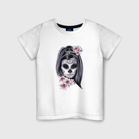 Детская футболка хлопок с принтом Skull Girl в городе Новоалтайск, 100% хлопок | круглый вырез горловины, полуприлегающий силуэт, длина до линии бедер | Тематика изображения на принте: art | body | bones | dead | drawing | face | graffiti | head | roses | skeleton | skul | skull | ад | арт | голова | граффити | зло | кости | лицо | металл | нарисованный | розы | рок | скелет | скул | скулл | три черепа | тьма