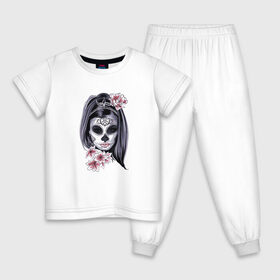 Детская пижама хлопок с принтом Skull Girl в городе Новоалтайск, 100% хлопок |  брюки и футболка прямого кроя, без карманов, на брюках мягкая резинка на поясе и по низу штанин
 | Тематика изображения на принте: art | body | bones | dead | drawing | face | graffiti | head | roses | skeleton | skul | skull | ад | арт | голова | граффити | зло | кости | лицо | металл | нарисованный | розы | рок | скелет | скул | скулл | три черепа | тьма