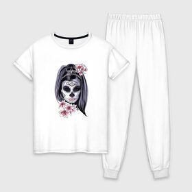 Женская пижама хлопок с принтом Skull Girl в городе Новоалтайск, 100% хлопок | брюки и футболка прямого кроя, без карманов, на брюках мягкая резинка на поясе и по низу штанин | art | body | bones | dead | drawing | face | graffiti | head | roses | skeleton | skul | skull | ад | арт | голова | граффити | зло | кости | лицо | металл | нарисованный | розы | рок | скелет | скул | скулл | три черепа | тьма