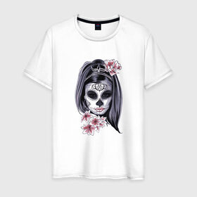 Мужская футболка хлопок с принтом Skull Girl в городе Новоалтайск, 100% хлопок | прямой крой, круглый вырез горловины, длина до линии бедер, слегка спущенное плечо. | art | body | bones | dead | drawing | face | graffiti | head | roses | skeleton | skul | skull | ад | арт | голова | граффити | зло | кости | лицо | металл | нарисованный | розы | рок | скелет | скул | скулл | три черепа | тьма