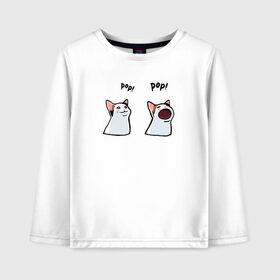 Детский лонгслив хлопок с принтом Pop Cat в городе Новоалтайск, 100% хлопок | круглый вырез горловины, полуприлегающий силуэт, длина до линии бедер | cat meme | mem | meme | pop cat | pop pop | буб буб | буп буп | бупоющий кот | двач | кот | кот мем | мем | мемы | пикабу | пикабу мем | поп кет | поп кот | раздражающий кот