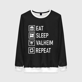 Женский свитшот 3D с принтом Eat Sleep Valheim Repeat в городе Новоалтайск, 100% полиэстер с мягким внутренним слоем | круглый вырез горловины, мягкая резинка на манжетах и поясе, свободная посадка по фигуре | elder | loki | odin | the | thor | valheim | биврёст | валхейм | вальхейм | викинги | все | дракар | древний | древо | ётун | йотун | локи | мира | один | отец | тор | фенир | хель | черный лес | эйктюр