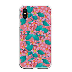Чехол для iPhone XS Max матовый с принтом Плюмерии на персиковом фоне в городе Новоалтайск, Силикон | Область печати: задняя сторона чехла, без боковых панелей | 8 марта | flowers | march 8 | spring | бирюзовый | ботаническая иллюстрация | весна | день рождения | лето | любовь | персиковый | плюмерия | праздник | принт | природа | растения | розовый | цветы