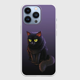 Чехол для iPhone 13 Pro с принтом черный кот на фиолетовом в городе Новоалтайск,  |  | Тематика изображения на принте: cat | kitten | большие глаза | глазища | градиент | дьявол | кот | котейка | котик | кошка | мрачный | мяу | персонаж | рисунок | фиолетовый | черный | шерсть