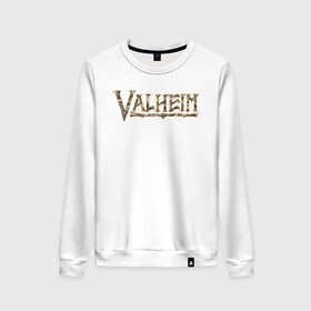 Женский свитшот хлопок с принтом VALHEIM. ВАЛЬХЕЙМ в городе Новоалтайск, 100% хлопок | прямой крой, круглый вырез, на манжетах и по низу широкая трикотажная резинка  | gambling addict | викинги | игра | игроман | компьютерные игры | подарок | подарок на 23 февраля | приключения | скандинавия | скандинавская мифология
