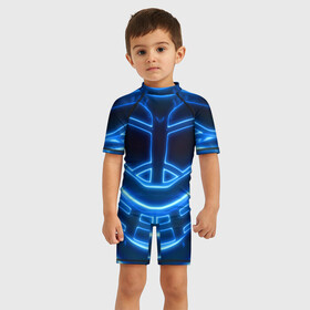 Детский купальный костюм 3D с принтом Неоновая броня | Neon Armor в городе Новоалтайск, Полиэстер 85%, Спандекс 15% | застежка на молнии на спине | cyberpunk 2077 | абстракция | броня | неон | синяя | текстура | трон
