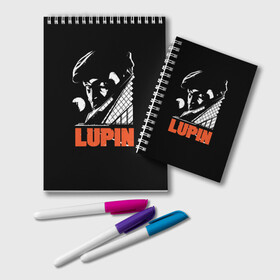Блокнот с принтом Lupin - Сериал Люпен в городе Новоалтайск, 100% бумага | 48 листов, плотность листов — 60 г/м2, плотность картонной обложки — 250 г/м2. Листы скреплены удобной пружинной спиралью. Цвет линий — светло-серый
 | Тематика изображения на принте: lupin | netflix | детектив | логотип | люпен | люпин | люпэн | мужской | нетфликс | омар си | подарок | портрет | сериал | черный