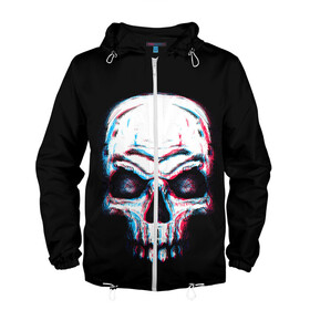 Мужская ветровка 3D с принтом Glitch Skull в городе Новоалтайск, 100% полиэстер | подол и капюшон оформлены резинкой с фиксаторами, два кармана без застежек по бокам, один потайной карман на груди | art | dead | death | ghost | glitch | neon | skeleton | skull | skulls | арт | глитч | глич | неон | призрак | скелет | череп | черепа