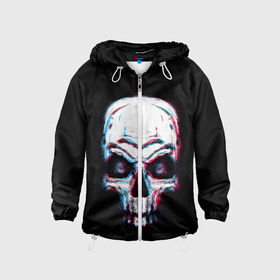 Детская ветровка 3D с принтом Glitch Skull в городе Новоалтайск, 100% полиэстер | подол и капюшон оформлены резинкой с фиксаторами, по бокам два кармана без застежек, один потайной карман на груди | art | dead | death | ghost | glitch | neon | skeleton | skull | skulls | арт | глитч | глич | неон | призрак | скелет | череп | черепа
