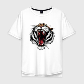 Мужская футболка хлопок Oversize с принтом TIGER в городе Новоалтайск, 100% хлопок | свободный крой, круглый ворот, “спинка” длиннее передней части | animal | beast | cat | cute | fluffy | hunter | lion | lion cub | lion king | mane | predator | red | tail | tiger | yellow | большая кошка | голова тигра | грива | животное | зверь | король лев | кот | милый | охотник | пушистый | тигр | тиг