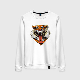 Женский свитшот хлопок с принтом Tiger Face в городе Новоалтайск, 100% хлопок | прямой крой, круглый вырез, на манжетах и по низу широкая трикотажная резинка  | animal | beast | cat | cute | fluffy | hunter | lion | lion cub | lion king | mane | predator | red | tail | tiger | yellow | большая кошка | голова тигра | грива | животное | зверь | король лев | кот | милый | охотник | пушистый | тигр | тиг