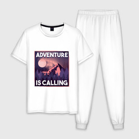 Мужская пижама хлопок с принтом Adventure is calling в городе Новоалтайск, 100% хлопок | брюки и футболка прямого кроя, без карманов, на брюках мягкая резинка на поясе и по низу штанин
 | forest | landscape | moon | mountain | mountains | nature | northern lights | polar lights | гора | горы | ели | ель | лес | луна | лучше гор могут быть только горы | пейзаж | приключение | приключения | природа | северное сияние | сосна | с