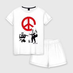 Женская пижама с шортиками хлопок с принтом Make peace no war | Banksy в городе Новоалтайск, 100% хлопок | футболка прямого кроя, шорты свободные с широкой мягкой резинкой | Тематика изображения на принте: art | banksy | street art | арт | бэнкси | граффити | со смыслом | сосмыслом | стритарт