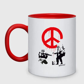 Кружка двухцветная с принтом Make peace no war | Banksy в городе Новоалтайск, керамика | объем — 330 мл, диаметр — 80 мм. Цветная ручка и кайма сверху, в некоторых цветах — вся внутренняя часть | Тематика изображения на принте: art | banksy | street art | арт | бэнкси | граффити | со смыслом | сосмыслом | стритарт