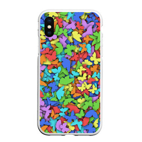 Чехол для iPhone XS Max матовый с принтом Разноцветные бабочки в городе Новоалтайск, Силикон | Область печати: задняя сторона чехла, без боковых панелей | 8 марта | бабочка | мотылёк | мотыльки | насекомые | паттерн | радуга