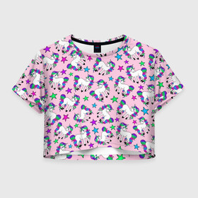 Женская футболка Crop-top 3D с принтом Единороги и звезды в городе Новоалтайск, 100% полиэстер | круглая горловина, длина футболки до линии талии, рукава с отворотами | baby | horse | kawaii | kids | little | pony | unicorn | девочкам | девушкам | детям | единорог | единорог радуга | животные | звезды | кавайный | лошадь | малыш | милые создания | мифические существа | мультяшный | пегас