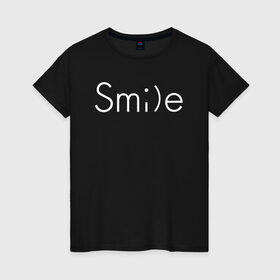 Женская футболка хлопок с принтом SMILE | УЛЫБКА в городе Новоалтайск, 100% хлопок | прямой крой, круглый вырез горловины, длина до линии бедер, слегка спущенное плечо | creative | minimalism | smile | креатив | креативная | минимал | минимализм | надпись | смайл | смайлик | текст | улыбка