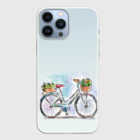 Чехол для iPhone 13 Pro Max с принтом акварельный велосипед в городе Новоалтайск,  |  | Тематика изображения на принте: акварель | багажник | букет | велосипед | женский велик | корзинка | краска | мило | низкая рама | рисунок