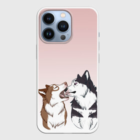 Чехол для iPhone 13 Pro с принтом Хаски играют в городе Новоалтайск,  |  | Тематика изображения на принте: акито | вместе | волк | волки | гав | друг | зевает | играют | кусь | лижет | облизывают | пара | пес | питомец | рисунок | собака | собачка | хаски