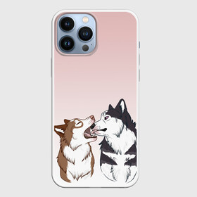Чехол для iPhone 13 Pro Max с принтом Хаски играют в городе Новоалтайск,  |  | Тематика изображения на принте: акито | вместе | волк | волки | гав | друг | зевает | играют | кусь | лижет | облизывают | пара | пес | питомец | рисунок | собака | собачка | хаски