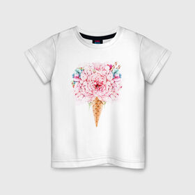 Детская футболка хлопок с принтом Flowers ice cream в городе Новоалтайск, 100% хлопок | круглый вырез горловины, полуприлегающий силуэт, длина до линии бедер | 8 марта | girl | woman | бабушка | весна | девушкам | девушке | девушки | женский | листья | мама | март | пионы | подарок | тренд | цветочки | цветы
