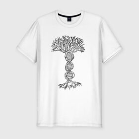 Мужская футболка хлопок Slim с принтом ДНК Дерево DNA Tree в городе Новоалтайск, 92% хлопок, 8% лайкра | приталенный силуэт, круглый вырез ворота, длина до линии бедра, короткий рукав | art | barber | fashion | hipster | hipster merch | landscape | retro | spring | vegan | vintage | барбер | веган | вегетарианец | весна | винтаж | древо | корни | крона | культура | пейзаж | природа | ретро | рисунок | ствол | философия | х