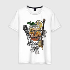 Мужская футболка хлопок с принтом Shugar Honey Iced Tea в городе Новоалтайск, 100% хлопок | прямой крой, круглый вырез горловины, длина до линии бедер, слегка спущенное плечо. | Тематика изображения на принте: cocktail | english | honey | ice | lemon | lime | obscene words | shugar | swear | tea | uncensored | английский | коктейль | лайм | лед | лимон | мат | мед | сахар | чай