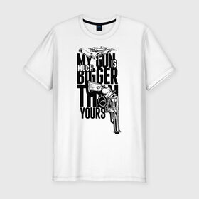 Мужская футболка хлопок Slim с принтом MY GUN IS MUCH BIGGER THAN YOURS в городе Новоалтайск, 92% хлопок, 8% лайкра | приталенный силуэт, круглый вырез ворота, длина до линии бедра, короткий рукав | 4 | 5 | five | games | grand theft auto | gta | gta v | los santos | online | rockstar | san andreas | великое авто воровство | гта | гташка | игры | логотип | лос сантос | майкл | мафия | ограбление | онлайн | пеф | рокстар | самп | сан андреас 