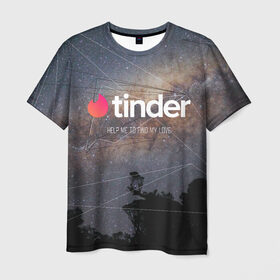 Мужская футболка 3D с принтом Tinder Find Love Тиндер в городе Новоалтайск, 100% полиэфир | прямой крой, круглый вырез горловины, длина до линии бедер | find | help | love | me | my | to | геометрия | звезды | знакомства | космос | небо | тиндер