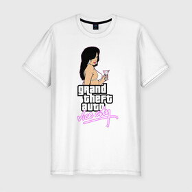 Мужская футболка хлопок Slim с принтом Grand Theft Auto Vice City в городе Новоалтайск, 92% хлопок, 8% лайкра | приталенный силуэт, круглый вырез ворота, длина до линии бедра, короткий рукав | 4 | 5 | five | games | grand theft auto | gta | gta v | los santos | online | rockstar | san andreas | великое авто воровство | гта | гташка | игры | логотип | лос сантос | майкл | мафия | ограбление | онлайн | пеф | рокстар | самп | сан андреас 
