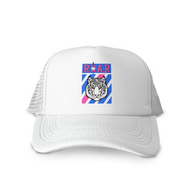 Кепка тракер с сеткой с принтом Roar Tiger в городе Новоалтайск, трикотажное полотно; задняя часть — сетка | длинный козырек, универсальный размер, пластиковая застежка | Тематика изображения на принте: roar | tiger | абстракт | голова тигра | линии | меч | полосы | тигр | хищник