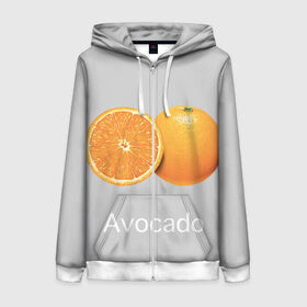 Женская толстовка 3D на молнии с принтом Orange avocado в городе Новоалтайск, 100% полиэстер | длина до линии бедра, манжеты и пояс оформлены мягкой тканевой резинкой, двухслойный капюшон со шнурком для регулировки, спереди молния, по бокам два кармана | avocado | grey | orange | авокадо | апельсин | серый