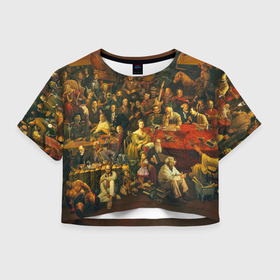 Женская футболка Crop-top 3D с принтом 100 ЗНАМЕНИТЫХ ЛЮДЕЙ КАРТИНА в городе Новоалтайск, 100% полиэстер | круглая горловина, длина футболки до линии талии, рукава с отворотами | аристотель | бетховен | брюс ли | ван гог | горький | кастро | конфуций | корчагин | ленин | майк тайсон | маркс | мать тереза | моцарт | мэрилин монро | наполеон | пикассо | спилберг | толстой | форд