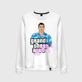 Женский свитшот хлопок с принтом Grand Theft Auto Vice City в городе Новоалтайск, 100% хлопок | прямой крой, круглый вырез, на манжетах и по низу широкая трикотажная резинка  | 4 | 5 | five | games | grand theft auto | gta | gta v | los santos | online | rockstar | san andreas | великое авто воровство | гта | гташка | игры | логотип | лос сантос | майкл | мафия | ограбление | онлайн | пеф | рокстар | самп | сан андреас 