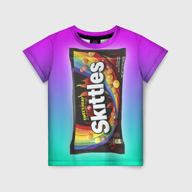 Детская футболка 3D с принтом Skittles | Черный в городе Новоалтайск, 100% гипоаллергенный полиэфир | прямой крой, круглый вырез горловины, длина до линии бедер, чуть спущенное плечо, ткань немного тянется | black | skittles | sweet heat | градиент | зеленый | радуга | розовый | синий | скитлс | черный