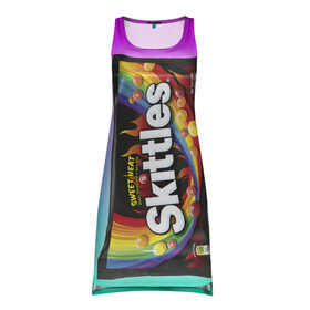 Платье-майка 3D с принтом Skittles | Черный в городе Новоалтайск, 100% полиэстер | полуприлегающий силуэт, широкие бретели, круглый вырез горловины, удлиненный подол сзади. | black | skittles | sweet heat | градиент | зеленый | радуга | розовый | синий | скитлс | черный