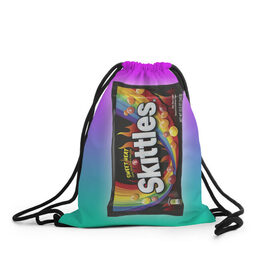 Рюкзак-мешок 3D с принтом Skittles | Черный в городе Новоалтайск, 100% полиэстер | плотность ткани — 200 г/м2, размер — 35 х 45 см; лямки — толстые шнурки, застежка на шнуровке, без карманов и подкладки | black | skittles | sweet heat | градиент | зеленый | радуга | розовый | синий | скитлс | черный