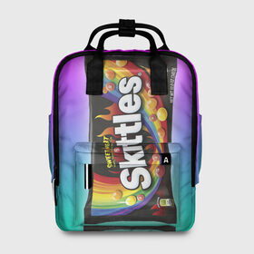 Женский рюкзак 3D с принтом Skittles | Черный в городе Новоалтайск, 100% полиэстер | лямки с регулируемой длиной, сверху ручки, чтобы рюкзак нести как сумку. Основное отделение закрывается на молнию, как и внешний карман. Внутри два дополнительных кармана, один из которых закрывается на молнию. По бокам два дополнительных кармашка, куда поместится маленькая бутылочка
 | black | skittles | sweet heat | градиент | зеленый | радуга | розовый | синий | скитлс | черный