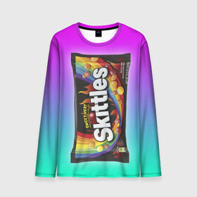 Мужской лонгслив 3D с принтом Skittles | Черный в городе Новоалтайск, 100% полиэстер | длинные рукава, круглый вырез горловины, полуприлегающий силуэт | black | skittles | sweet heat | градиент | зеленый | радуга | розовый | синий | скитлс | черный