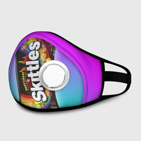 Маска из неопрена с принтом Skittles | Черный в городе Новоалтайск, неопрен 100% | Форма огибающая нос. Резинки для ушей с дополнительной резинкой на затылке. Клапан для выдоха для активного дыхания при занятиях спортом. Эластичный материал маски и окантовки для лучшего растяжения и прилегания маски.  | black | skittles | sweet heat | градиент | зеленый | радуга | розовый | синий | скитлс | черный