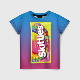 Детская футболка 3D с принтом Skittles | Желтый в городе Новоалтайск, 100% гипоаллергенный полиэфир | прямой крой, круглый вырез горловины, длина до линии бедер, чуть спущенное плечо, ткань немного тянется | Тематика изображения на принте: skittles | sweet sours | yellow | градиент | желтый | красный | радуга | розовый | синий | скитлс | фиолетовый