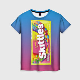 Женская футболка 3D с принтом Skittles | Желтый в городе Новоалтайск, 100% полиэфир ( синтетическое хлопкоподобное полотно) | прямой крой, круглый вырез горловины, длина до линии бедер | skittles | sweet sours | yellow | градиент | желтый | красный | радуга | розовый | синий | скитлс | фиолетовый