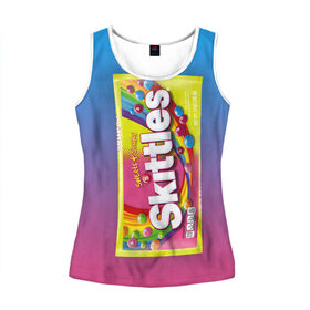 Женская майка 3D с принтом Skittles | Желтый в городе Новоалтайск, 100% полиэстер | круглая горловина, прямой силуэт, длина до линии бедра | skittles | sweet sours | yellow | градиент | желтый | красный | радуга | розовый | синий | скитлс | фиолетовый